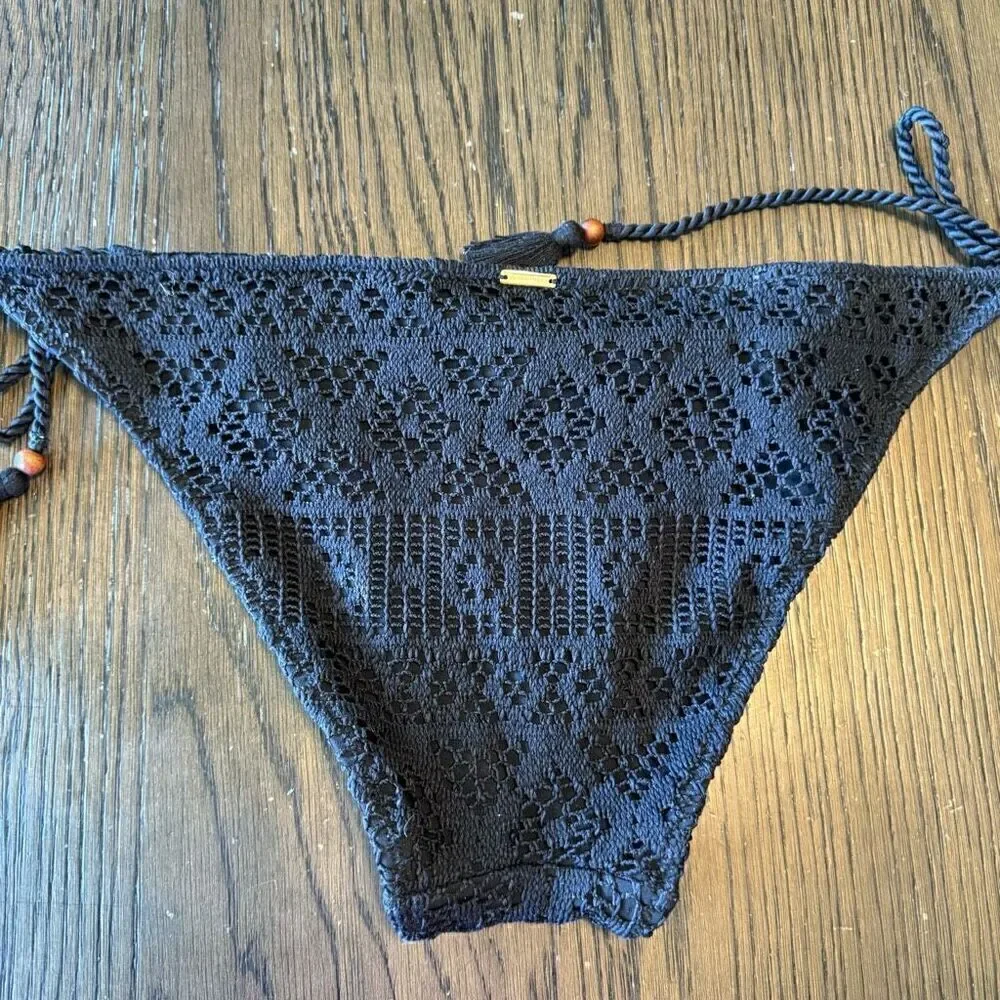 Victorias Secret Black Crocheted Side Tie Beaded Cheeky Swim Bikini Bottom Large